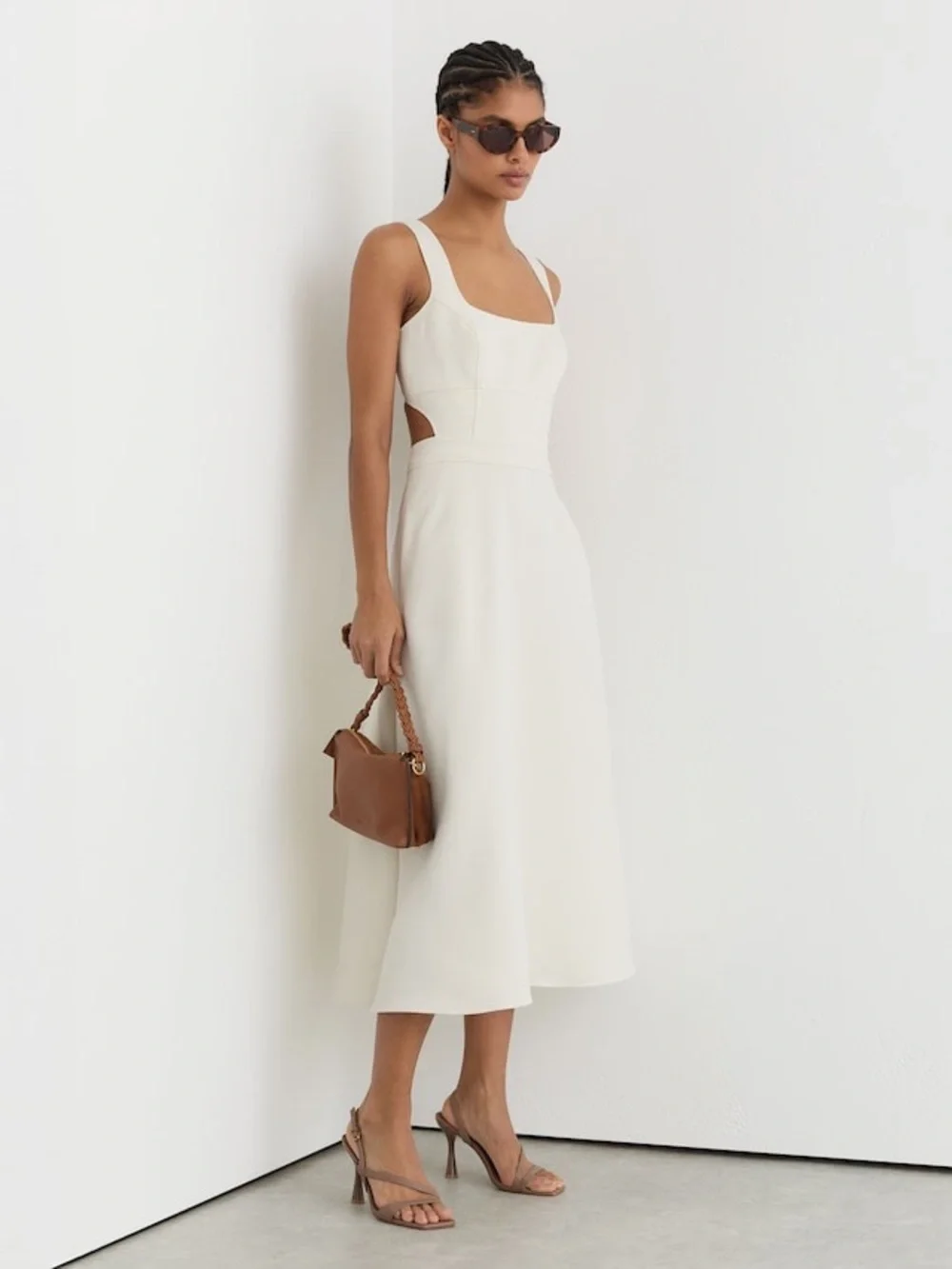 Reiss Ivory Dina Waisted Cut-Out Twill Midi Dress